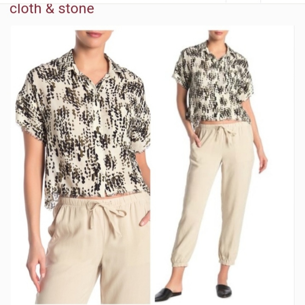 Cloth & Stone S abstract camo button down raw hem